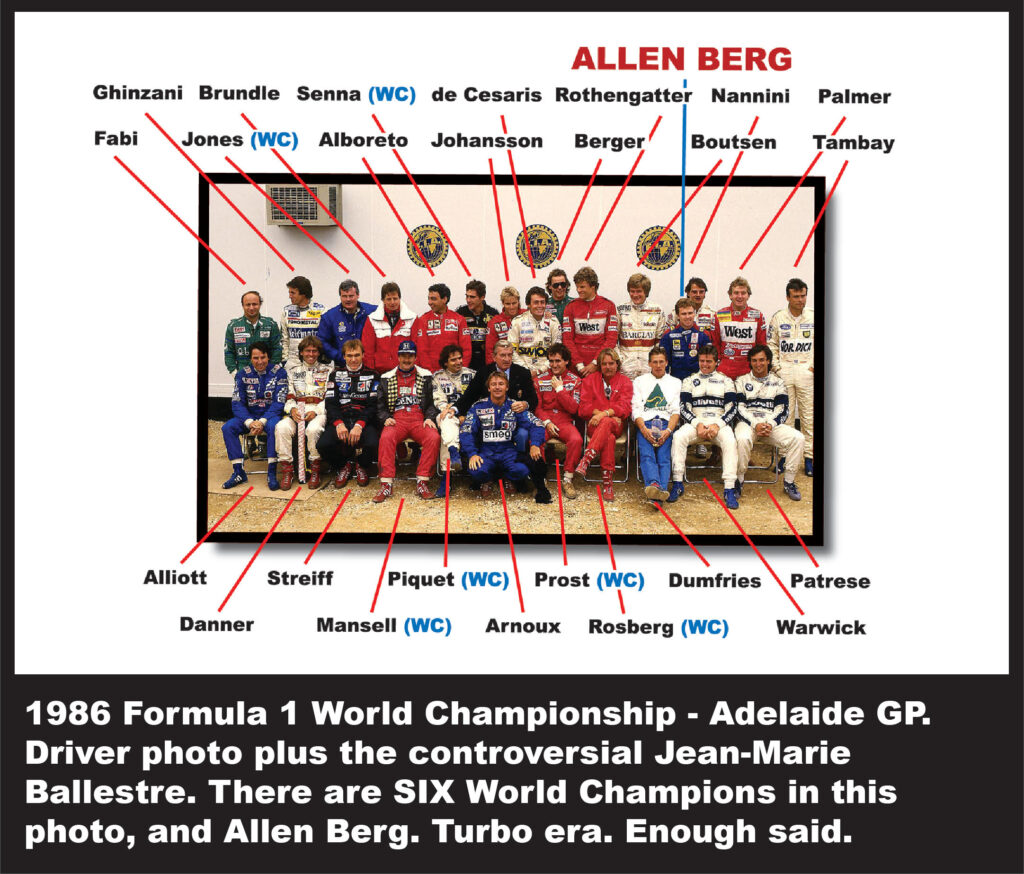 Group photo of 1986 formula 1 drivers in racing suits with red arrow labels identifying each driver by name, including world champions senna, jones, piquet, prost, mansell, and rosberg marked with 'wc