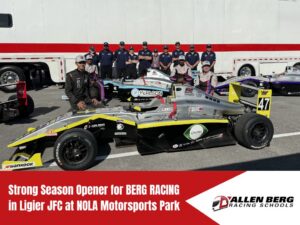 Berg Racing team posing with their car at NOLA Motorsports Park after a strong season opener in the Ligier Junior Formula Championship.