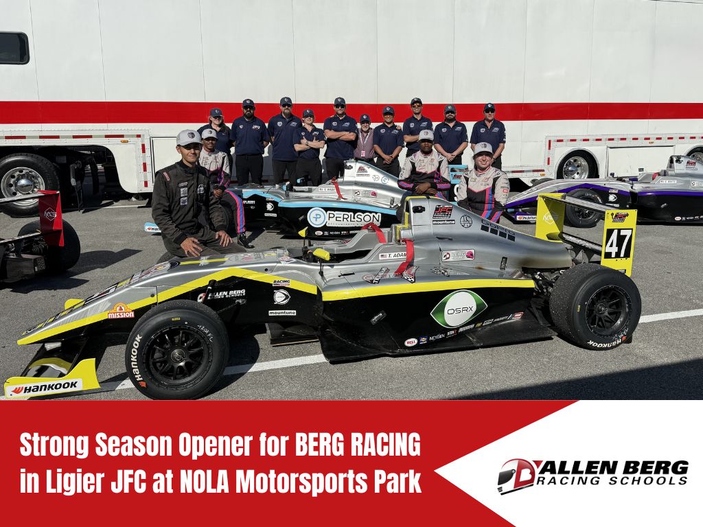 Berg Racing team posing with their car at NOLA Motorsports Park after a strong season opener in the Ligier Junior Formula Championship.