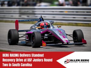 Berg Racing car in action during the USF Juniors Round Two in South Carolina, delivering a standout recovery drive.