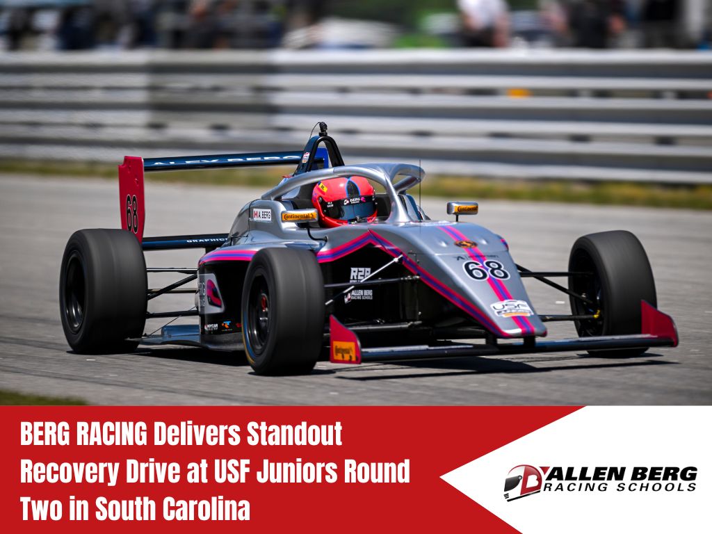 Berg Racing car in action during the USF Juniors Round Two in South Carolina, delivering a standout recovery drive.