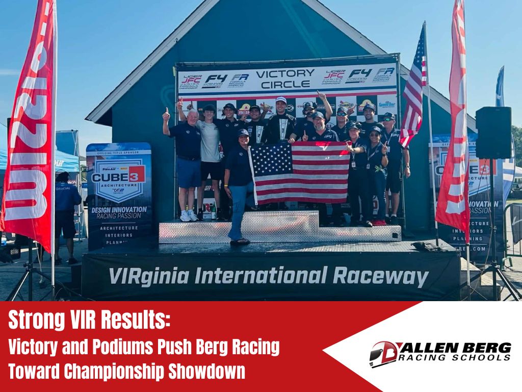 allen berg racing school drivers celebrating championship on victory podium at virginia international raceway